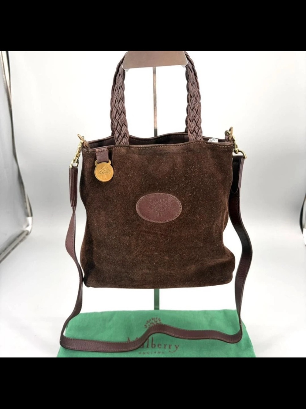Mulberry Dark Brown Suede Shoulder Bag with Braided Handles